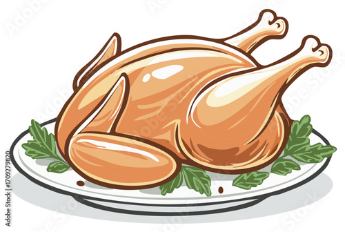 Cartoon Roasted Chicken Illustration on Plate with Parsley garnish for menus and holiday designs.