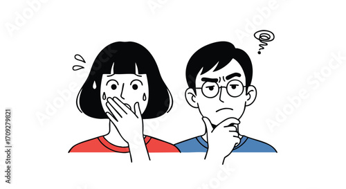 Stressed woman crying as confused man thinks about problem solving during difficult situation together