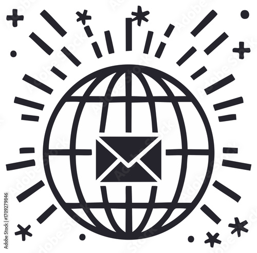 Email message concept with earth globe and decorative elements in line art