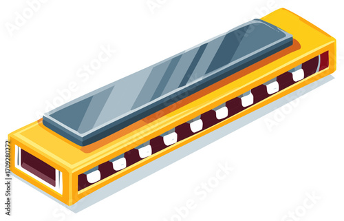 Illustration of a Yellow Harmonica, Musical Instrument for Blues and Country Sounds, Isometric View