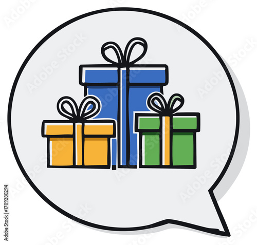 Gift boxes inside of speech bubble. Colorful illustration for celebration.