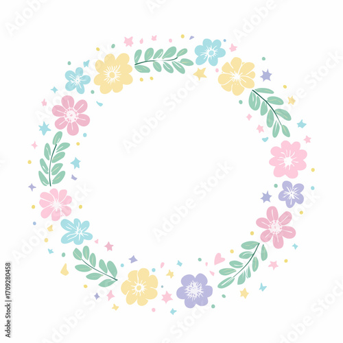 A circular floral wreath arrangement with pastel-colored flowers and leaves, isolated on white.