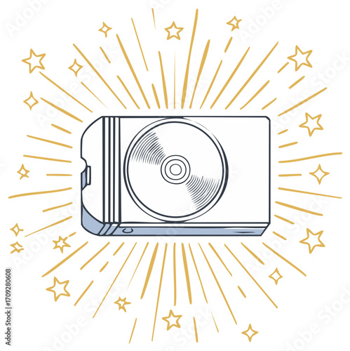 Portable compact disc player with radiating light rays and sparkling stars illustration