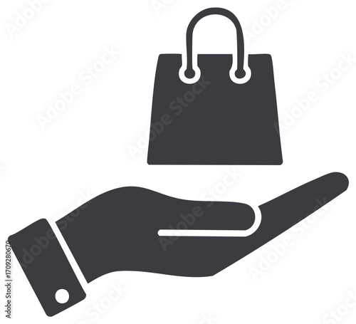 Hand holding a shopping bag icon representing commerce and service