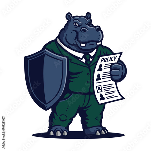 Strong hippo mascot in business suit holding policy document and shield representing law, protection and corporate security vector illustration