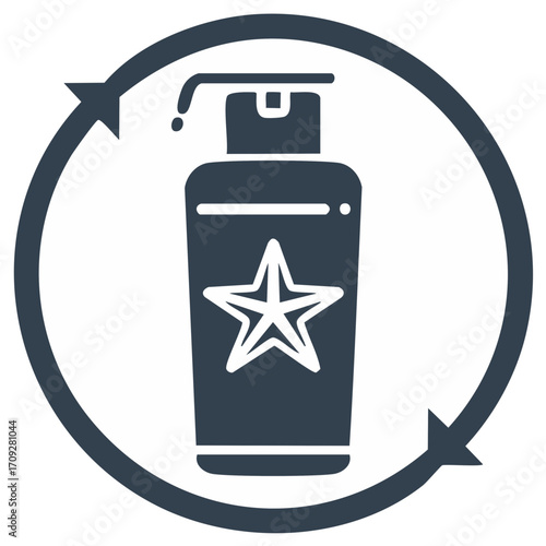 Vector icon featuring pump bottle with star inside circular arrows for product renewal