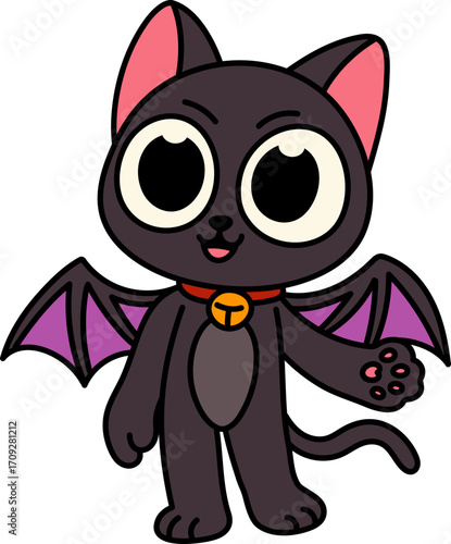 Greeting Bat Cat Standing Still (Color Outline Illustration)