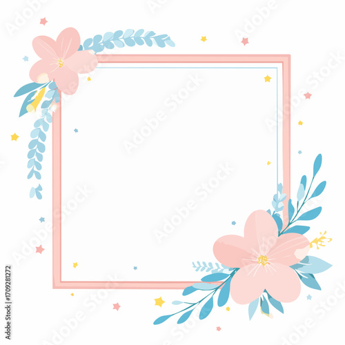 A square frame decorated with delicate pink flowers and blue leaves, perfect for text.