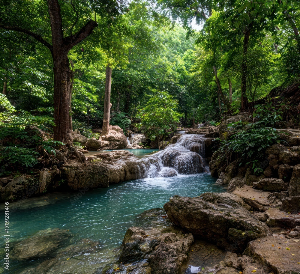 Naklejka premium Lush waterfall scene. Turquoise water cascades down mossy rocks amidst dense green forest and trees under a partially cloudy sky