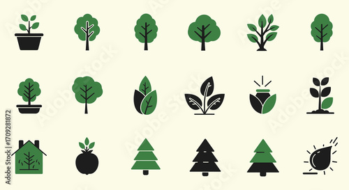 Collection of stylized green trees and leaves in various shapes and sizes