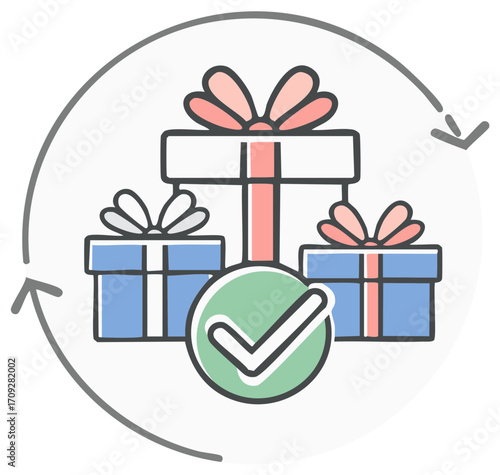 Loyalty program concept showing successful gift distribution reward completion with check mark and arrows