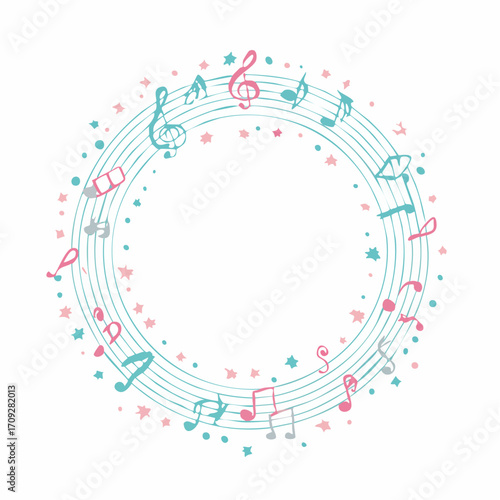 A circular arrangement of musical notes and symbols, creating a decorative frame.