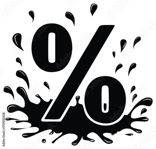 Bold black percentage symbol splashed with liquid drops graphic design