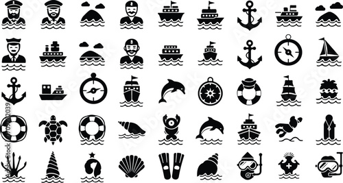 A comprehensive collection of solid black glyph icons representing maritime themes, including sailing, sea travel, nautical symbols, and marine life for graphic design projects