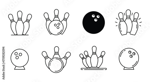 Simple black and white illustration of bowling pins and a bowling ball