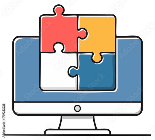 Computer Screen Displaying Colorful Jigsaw Puzzle Pieces Connected for Teamwork and Problem Solving
