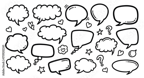 Doodle speech bubbles, question marks, and hearts for creative communication and expression