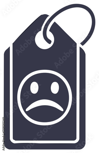 Price tag with a sad face icon representing bad customer reviews and dissatisfaction