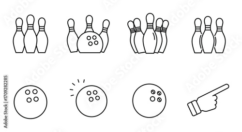 Line art illustration of bowling pins balls and a pointing hand