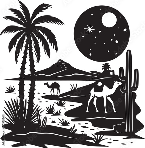 Desert Silhouette: A stylized black and white image of a desert scene featuring iconic elements, evokes the mystery and allure of the desert night.