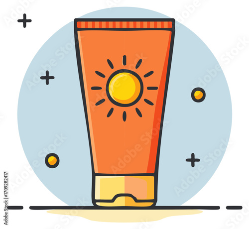 Sunscreen tube cartoon illustration for sun protection with summery elements