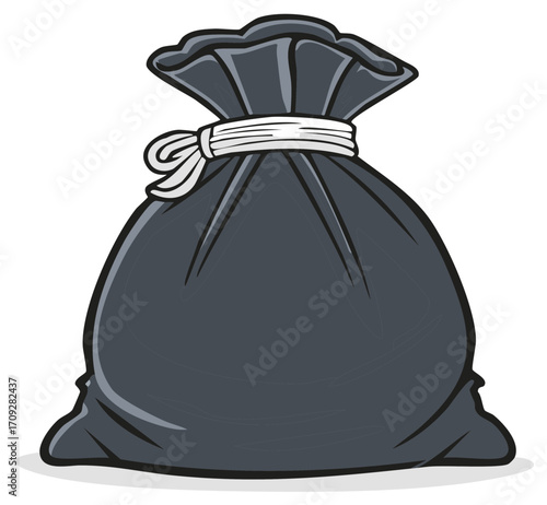 Large Black Trash Bag Tied with White Ribbon Illustration Isolated on White