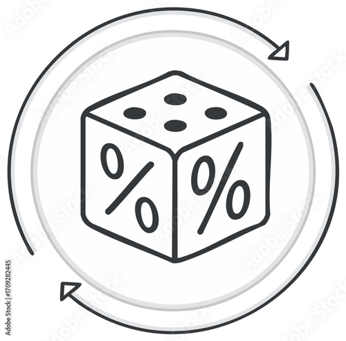 Financial probability concept icon with a die showing percent symbols and refresh arrows