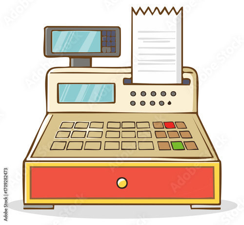 Cartoon Cash Register with Receipt and Display for Sales Transactions Point of Sale System