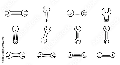 Collection of various wrench and spanner tool line icons in a grid