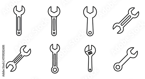 Collection of various black and white wrench and tool outlines displayed