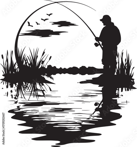 Silhouette Fisherman at Lake: A lone fisherman casts a line into the calm water of a tranquil lake. The serene silhouette captures the essence of a perfect day. 