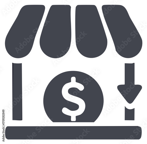 Retail Store Icon with Dollar Coin and Downward Arrow Indicating Reduced Prices