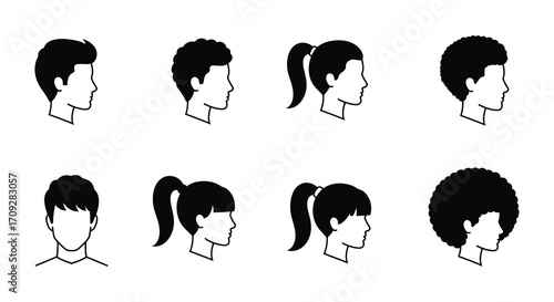 Diverse collection of simple black and white head silhouette icons shown in profile
