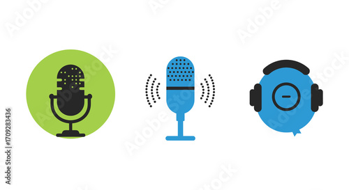 Illustrative depiction of recording equipment microphones and a pair of headphones