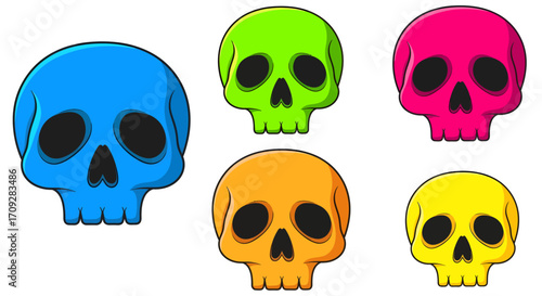 A collection of six colorful cartoon skulls in vibrant shades of blue, green, pink, orange, and yellow, isolated on a white background.