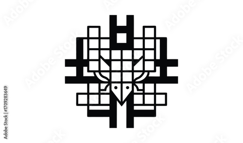 Intricate geometric black and white abstract symbol with animalistic features
