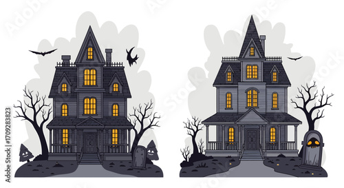 A set of two illustrated spooky haunted houses with glowing windows, bare trees, and bats for Halloween.