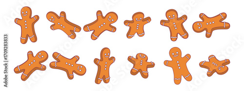 Isometric 3D style gingerbread man cookies set in multiple rotation views. Flat vector illustration for Christmas, New Year, holiday food, decoration, and festive design