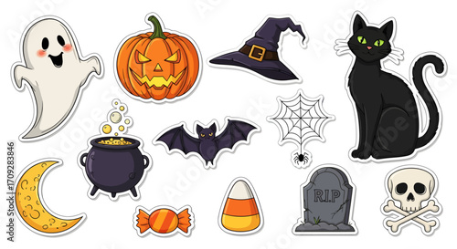 A collection of cute cartoon Halloween stickers featuring a ghost, pumpkin, witch hat, black cat, and other spooky symbols.
