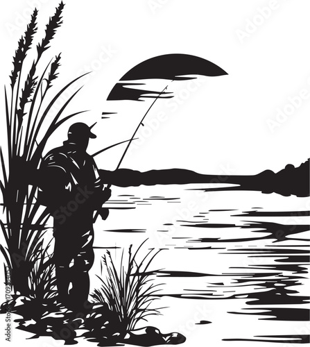 Solitary Angler by the Lake: A lone fisherman casts his line into a serene lake under the watchful eye of the sun, embodying the essence of quiet reflection and the patient pursuit of nature's bounty.