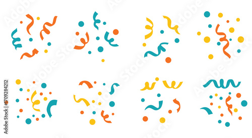 Colorful confetti and streamers scattered across a plain white background