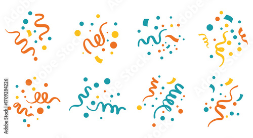 Colorful confetti and streamers scattered across a white background illustration