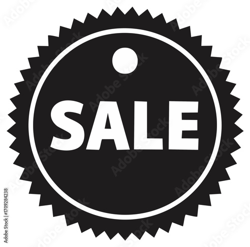Monochrome sale badge with jagged starburst shape for discount promotion retail marketing graphic element