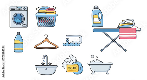 Professional laundry and cleaning icons modern household chores and domestic tasks illustrated for your convenience