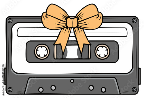 Cassette Tape with Bow, Retro Music Audio, Present or Gift for Music Lovers, Vintage Style Illustration