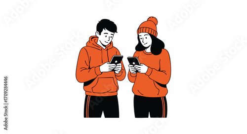 Young couple engrossed in their smartphones, connected yet separate in a modern, casual style