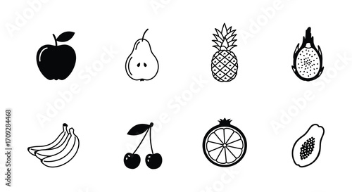 Simple black and white illustrations of various tropical and common fruits
