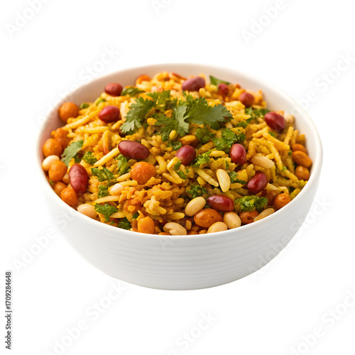 White Bowl Overflowing With Indian Savory Snack Mixture With Beans and Herbs food