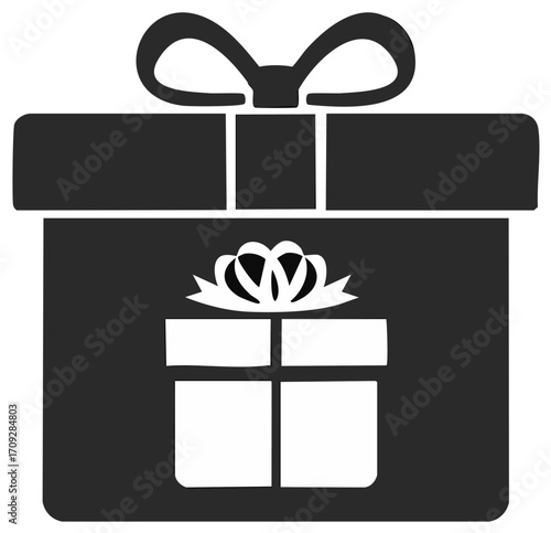 Iconic black gift package with elegant top bow and nested smaller present illustration