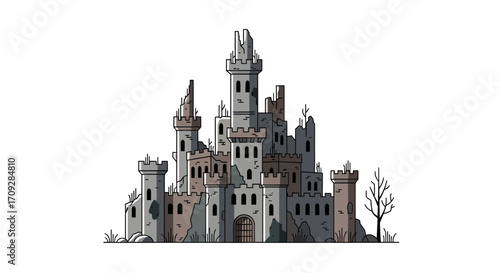 A detailed cartoon illustration of an old, crumbling medieval castle with multiple towers and a bare tree on a white background.